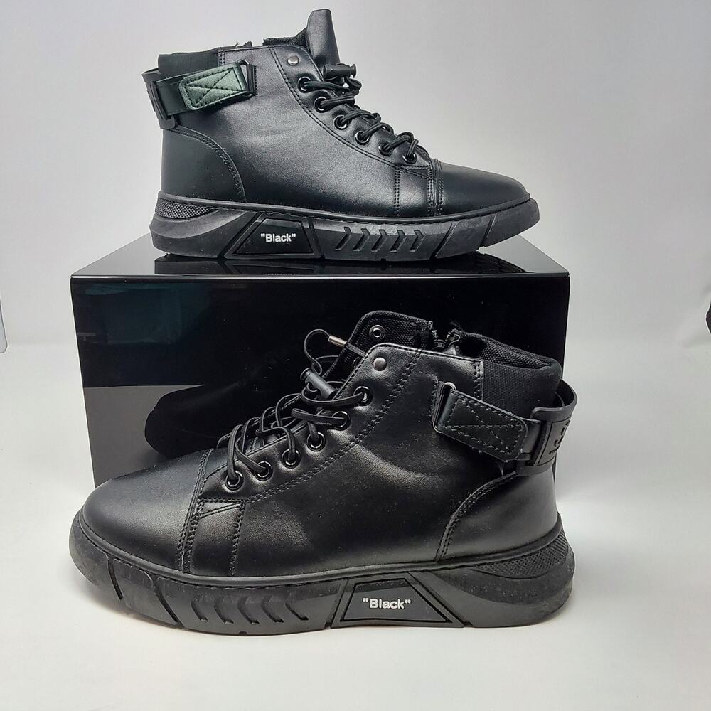 Black E01 High Top Ankle Boots EU 40 Lace Up Buckle Zip Chunky Platform Sneaker